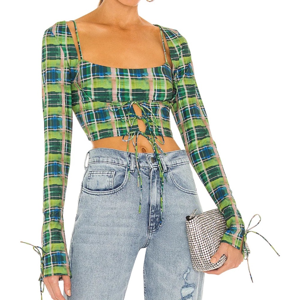 Danielle Guizio Plaid Scoop Tie Cardigan in Deep Green